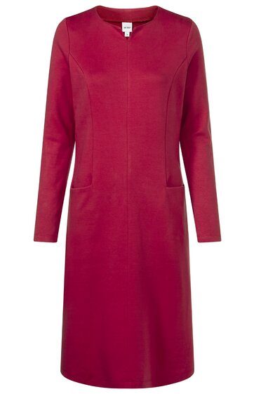 Rotes, knielanges Kleid ohne Muster, Rundhalsausschnitt, lange Ärmel, zwei seitliche Eingrifftaschen, gerade geschnitten