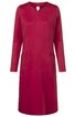 Rotes, knielanges Kleid ohne Muster, Rundhalsausschnitt, lange Ärmel, zwei seitliche Eingrifftaschen, gerade geschnitten