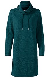 Dunkelgrünes Sweatshirtkleid mit langen Ärmeln, Stehkragen mit Tunnelzug und Kordeln, gerade geschnitten, ohne Muster