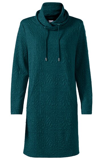Dunkelgrünes Sweatshirtkleid mit langen Ärmeln, Stehkragen mit Tunnelzug und Kordeln, gerade geschnitten, ohne Muster