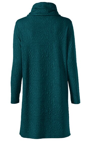 Dunkelgrüner Damenmantel ohne Muster, langer Schnitt, Stehkragen, lange Ärmel, gerade Form, Rückansicht