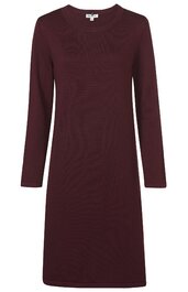 Dunkelrotes, einfarbiges, langärmliges Kleid mit rundem Ausschnitt, knielang, gerade geschnitten