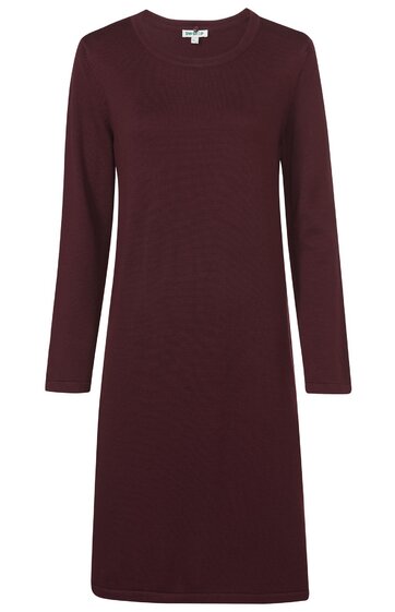 Dunkelrotes, einfarbiges, langärmliges Kleid mit rundem Ausschnitt, knielang, gerade geschnitten