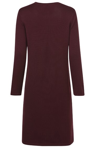 Dunkelrotes Kleid, uni, langärmlig, knieumspielend, Rundhalsausschnitt, gerade geschnitten