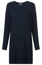 Dunkelblaues Langarmkleid mit Rundhalsausschnitt, geripptes Muster, knielang, gerade geschnitten