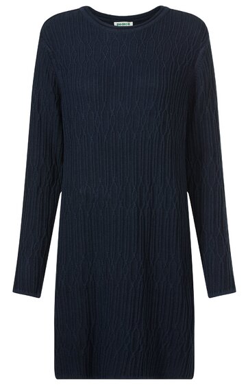 Dunkelblaues Langarmkleid mit Rundhalsausschnitt, geripptes Muster, knielang, gerade geschnitten