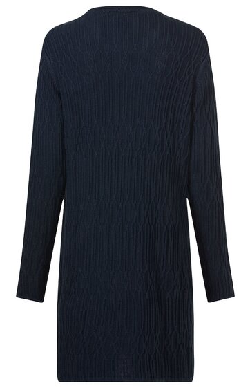 Dunkelblauer Blazer mit feinem Streifendesign, langer Schnitt, gerade Form, ohne sichtbare Knöpfe oder Kragen