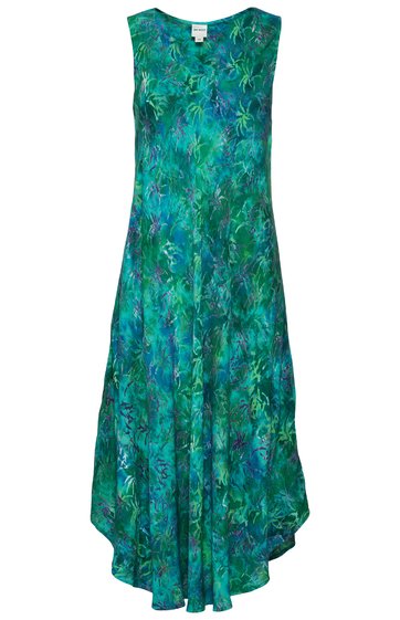 Ärmelloses Kleid in Türkis mit grün-blauem abstraktem Muster, Rundhalsausschnitt, leicht ausgestellte Passform, asymmetrischer Saum, knielang vorne, länger hinten