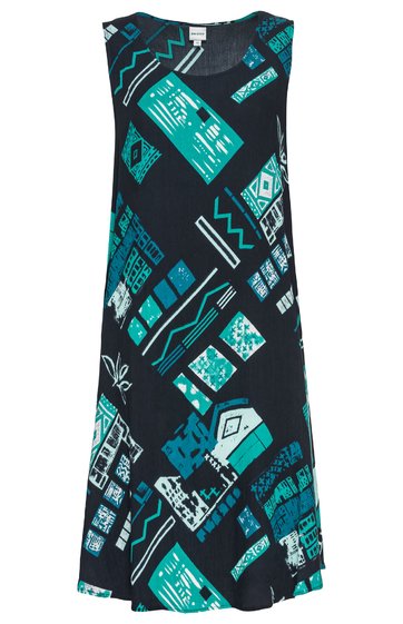 Ärmelloses, knielanges Kleid in Schwarz mit türkisfarbenem und weißem geometrischem Muster, rundem Ausschnitt, gerader Schnitt