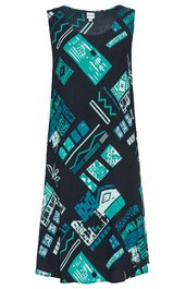 Ärmelloses, knielanges Kleid in Schwarz mit türkisfarbenem und weißem geometrischem Muster, rundem Ausschnitt, gerader Schnitt