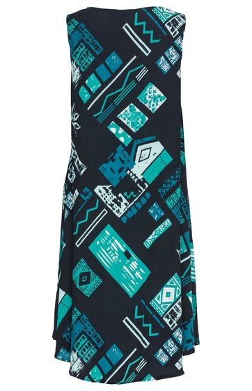 Ärmelloses langes Kleid in dunkelblau mit abstraktem Muster in türkis und weiß, rundhals, fließender Schnitt, asymmetrischer Saum