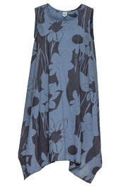 Ärmelloses Kleid in blau mit schwarzem großflächigem Blumenmuster, Rundhalsausschnitt, weit geschnitten, asymmetrischer Saum