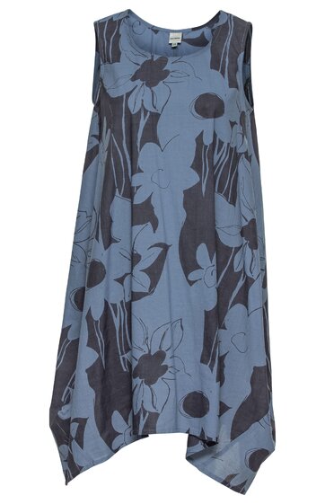 Ärmelloses Kleid in blau mit schwarzem großflächigem Blumenmuster, Rundhalsausschnitt, weit geschnitten, asymmetrischer Saum