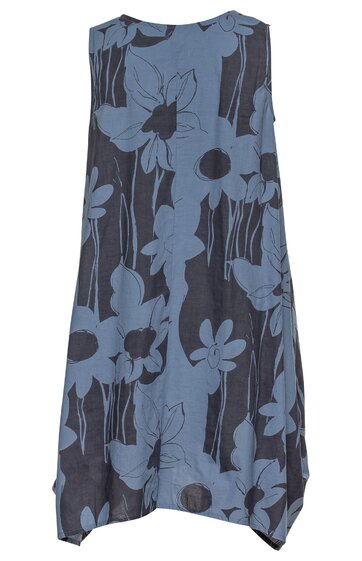 Ärmelloses knielanges Kleid in dunkelblau mit großflächigem hellblauem Blumenmuster, Rundhalsausschnitt, lockere A-Linie mit asymmetrischem Saum