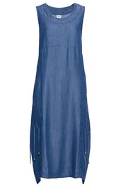 Ärmelloses midikleid in jeansblau, rundhalsausschnitt, gerade geschnitten, seitliche Schlitze mit Kordeln, ohne Muster, schlichtes Design