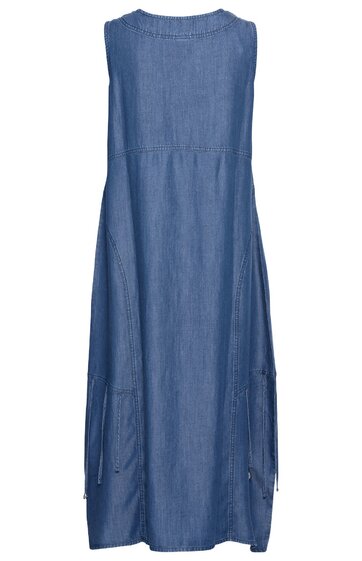 Ärmelloses, langes Kleid in Blauton, rundhalsausschnitt, locker fallende Form, seitliche Nahtdetails mit Kordeln