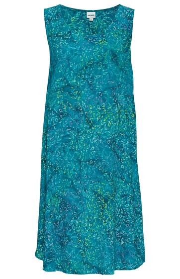 Ärmelloses Kleid in Türkis mit abstraktem Muster in Hellblau und Grün, Rundhalsausschnitt, knielang, leicht ausgestellt