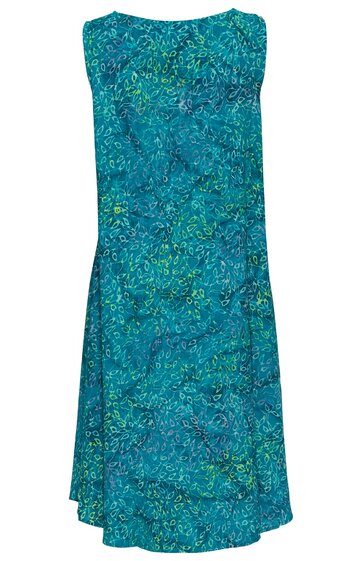 Ärmelloses Kleid in blaugrün mit abstraktem Muster, rundem Ausschnitt, leicht ausgestellter Schnitt, knielang