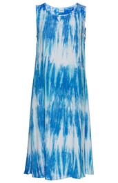 Ärmelloses midikleid in blau-weißem Batikmuster, rundhalsausschnitt, gerade geschnitten, fließender Stoff