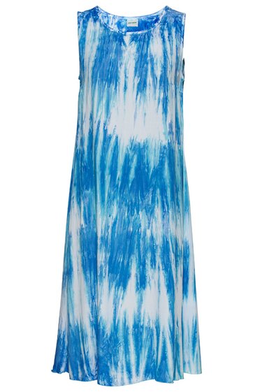 Ärmelloses midikleid in blau-weißem Batikmuster, rundhalsausschnitt, gerade geschnitten, fließender Stoff