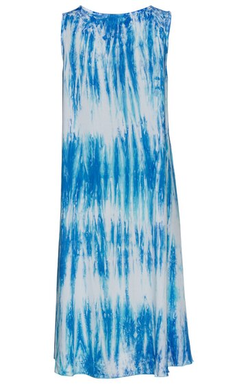 Ärmelloses, knielanges Kleid in Weiß mit blauem Batikmuster, Rundhalsausschnitt, lockere Passform