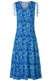Blaues ärmelloses Kleid mit weißem Blumenmuster, runder Ausschnitt, Bänder an den Schultern, ausgestellter Rock, knielang
