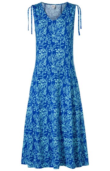 Blaues ärmelloses Kleid mit weißem Blumenmuster, runder Ausschnitt, Bänder an den Schultern, ausgestellter Rock, knielang
