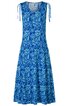 Blaues ärmelloses Kleid mit weißem Blumenmuster, runder Ausschnitt, Bänder an den Schultern, ausgestellter Rock, knielang