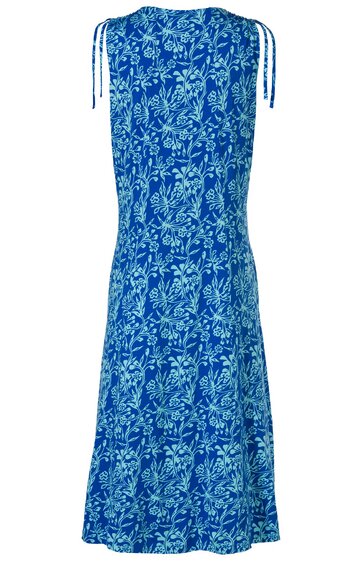 Blaues ärmelloses Kleid mit weißem floralen Muster, schmale Träger zum Binden, langer, ausgestellter Schnitt