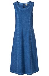 Ärmelloses midiklanges Kleid in jeansblau, rundhals, tailliert, aus einem Stück gefertigt, ohne Muster oder sichtbare Verzierungen