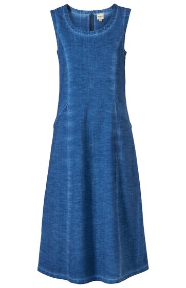 Ärmelloses midiklanges Kleid in jeansblau, rundhals, tailliert, aus einem Stück gefertigt, ohne Muster oder sichtbare Verzierungen