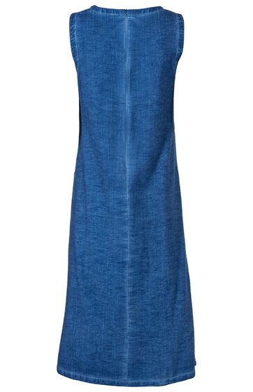 Ärmelloses Kleid in Denimblau, gerade geschnitten, ohne Muster, mit Rundhalsausschnitt, Rückenansicht, knielang