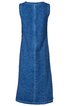 Ärmelloses Kleid in Denimblau, gerade geschnitten, ohne Muster, mit Rundhalsausschnitt, Rückenansicht, knielang