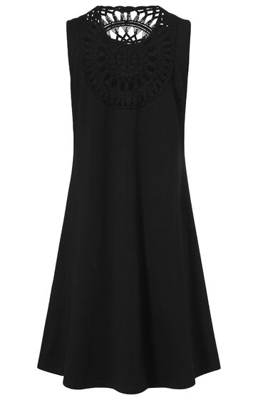 Ärmelloses schwarzes Kleid mit ausgestelltem Schnitt, Rundhalsausschnitt mit gehäkeltem Spitzenmuster, knieumspielende Länge