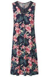 Ärmelloses, knielanges Kleid in Dunkelblau mit großem pinkfarbenem Blumenmuster, V-Ausschnitt mit Spitze, lockere A-Linien-Form
