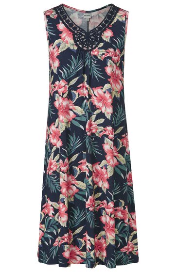 Ärmelloses, knielanges Kleid in Dunkelblau mit großem pinkfarbenem Blumenmuster, V-Ausschnitt mit Spitze, lockere A-Linien-Form