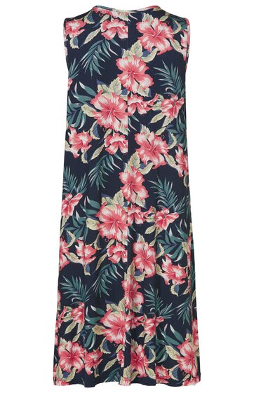 Ärmelloses Maxikleid in Dunkelblau mit großflächigem pink-weißem Blumenmuster, rundem Ausschnitt, lockere Passform