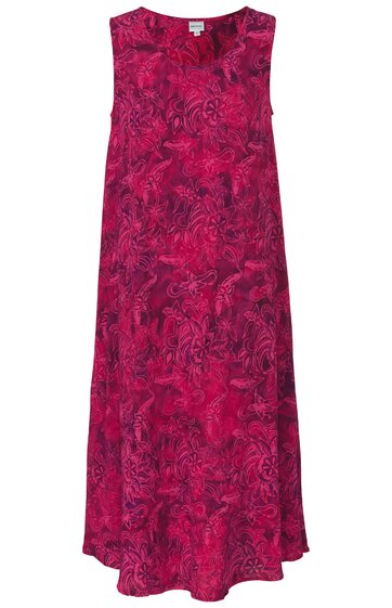 Ärmelloses Midikleid in fuchsia mit floralem Muster, rundem Ausschnitt, locker fallende A-Linien-Form