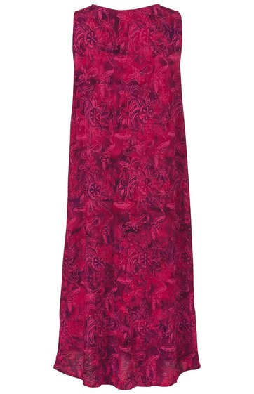 Ärmelloses midikurzes Kleid in kräftigem Pink mit abstraktem dunkelrotem und schwarzem Muster, Rundhalsausschnitt, lockere leicht ausgestellte Form