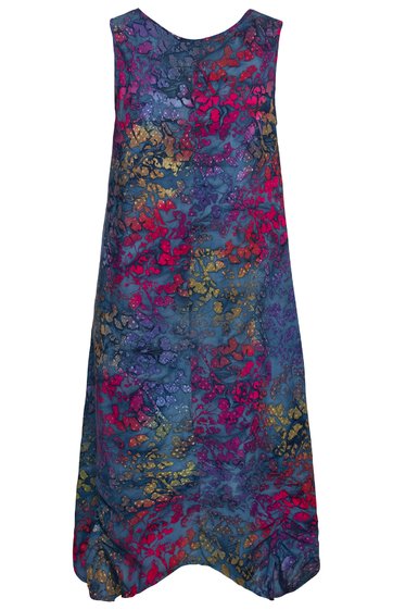 Ärmelloses Kleid in Dunkelblau mit abstractem Muster in Rot und Gelb, weiter Schnitt, runder Halsausschnitt, knieumspielend