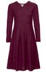 Dunkelrotes langärmeliges Kleid mit angedeutetem Karomuster, Rundhalsausschnitt, tailliert, ausgestellt