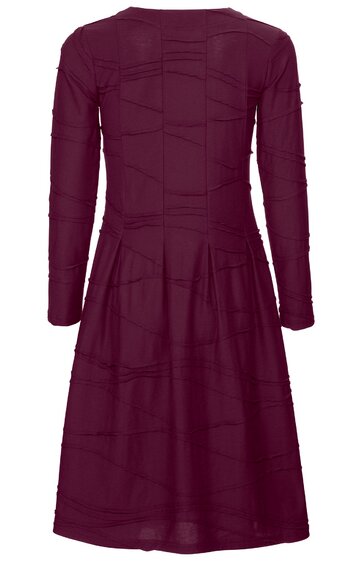 Dunkelrotes, langärmliges Kleid mit Rundhalsausschnitt, knieumspielend, ausgestellter Rock, dekorative Teilungsnähte, Rückansicht