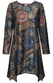 Langärmeliges Kleid in Dunkelblau, Braun, Rot mit abstraktem Muster aus Kreisen, asymmetrischer Saum, Rundhalsausschnitt