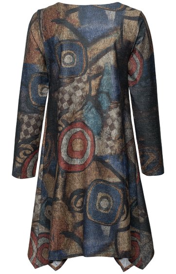 Langärmliges Kleid mit abstraktem Muster in Braun, Blau, Rot und Schwarz, asymmetrischer Saum, Rundhalsausschnitt, locker fallende Form