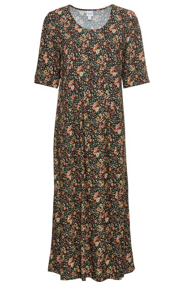 Dunkelgrünes Midikleid mit Blumenmuster in Orange, Hellgrün und Beige, Rundhals, kurze Ärmel, lockere, ausgestellte Passform