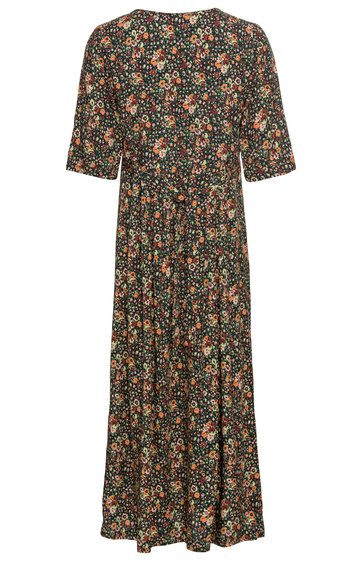 Maxikleid in dunklem Grün mit kleinem, buntem Blumenmuster, Rundhalsausschnitt, halblange Ärmel, geraffte Taillenpartie, lockere, weite Passform