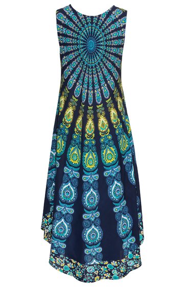 Ärmelloses langes Kleid in Dunkelblau mit türkis und gelb Paisley-Muster, asymmetrischer Saum, Rundhalsausschnitt