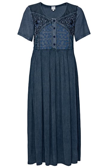 Dunkelblaues Maxikleid mit kurzen Ärmeln, Knopfleiste vorne, Rundhalsausschnitt, Spitzenbesatz im Brustbereich, weite, geraffte Rockpartie