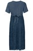 Dunkelblaues Midi-Kleid ohne Muster, kurze Ärmel, runder Ausschnitt, Taillenband zum Binden hinten, locker fallende Passform