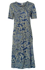 Knielanges Kleid in Blau mit beigen abstrakten Mustern, Rundhalsausschnitt, halblange Ärmel, gerade geschnitten